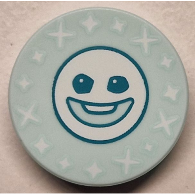 light aqua tile round 2 x 2 with bottom stud holder with dark turquoise snowgie face and white sparkles pattern