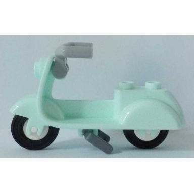 light aqua scooter with dark bluish gray stand light bluish gray angular handlebars and white wheels