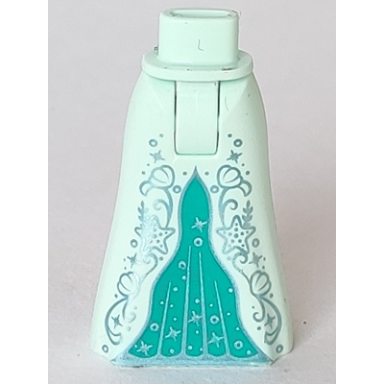 light aqua mini doll hips and skirt full length with ornate silver starfish and shells and dark turquoise inset pattern - thick hinge