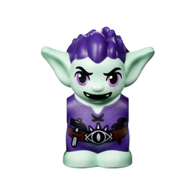 light aqua body head goblin with pointed ears dark purple spiked hair and tunic with utility belt with goblin eye buckle hammer and nails pattern