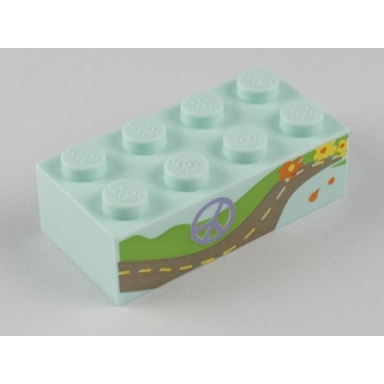 light aqua brick 2 x 4 with peace symbol road and flowers pattern