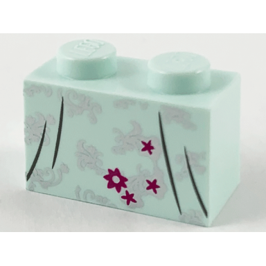 light aqua brick 1 x 2 with silver flower filigree magenta flower stars and dark bluish gray dress gather lines pattern