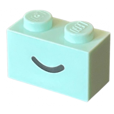 light aqua brick 1 x 2 with black smile curved line pattern