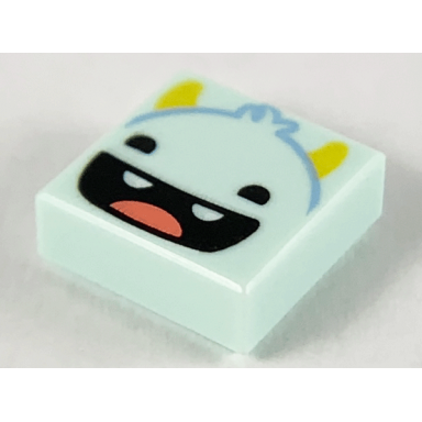 light aqua tile 1 x 1 with smiling monster face yellow horns black eyes open mouth 2 teeth and red tongue pattern