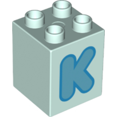 light aqua duplo brick 2 x 2 x 2 with medium azure capital letter k with dark azure outline pattern