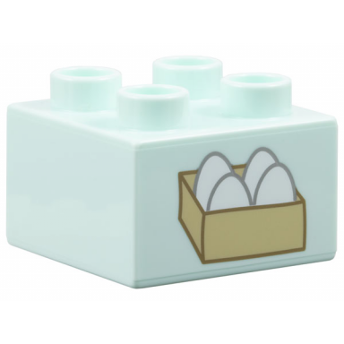 light aqua duplo brick 2 x 2 with 4 white eggs in tan box pattern