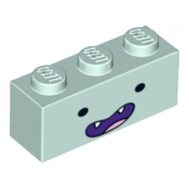 light aqua brick 1 x 3 with face black eyes wide open dark purple smile with 2 pointed fangs and tongue pattern marceline