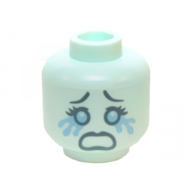 light aqua minifigure head female with dark bluish gray eyebrows eyes and open mouth crying tears pattern