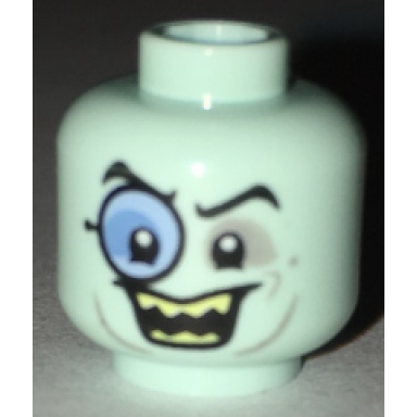light aqua minifigure head glasses with blue monocle black eyebrows gray around eyes open smile with sharp teeth pattern