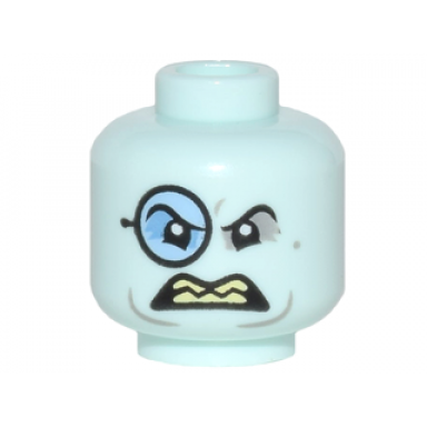 light aqua minifigure head glasses with blue monocle black eyebrows gray around eyes open scowl with sharp teeth pattern penguin