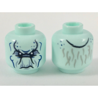 light aqua minifigure head alien with black eyes and contours sand blue spots and wrinkles dark blue cheek lines and light bluish gray thin hair on back pattern