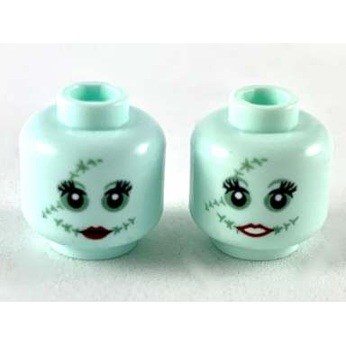 light aqua minifigure head dual sided alien female sand green stitching and eye shadow dark red lips small smile closed mouth showing teeth pattern