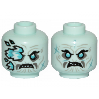 light aqua minifigure head dual sided wrinkles teeth ice spikes covering right eye angry pattern