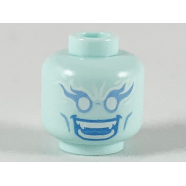 light aqua minifigure head alien female bright light blue long eyelashes and cheek lines white eyes blue open mouth smile with teeth parted and fangs pattern