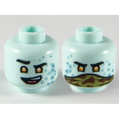 light aqua minifigure head dual sided alien with black eyebrows lower eyelids orange eyes metallic light blue triangles lopsided open mouth smile with top teeth and red tongue olive green and reddish brown camouflage bandana pattern