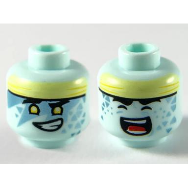 light aqua minifigure head dual sided alien with bright light yellow headband black eyebrows yellow eyes metallic light blue face paint triangles lopsided open mouth smile with teeth closed eyes and singing pattern
