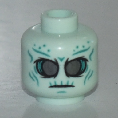 light aqua minifigure head alien with large pearl dark gray eyes and dark turquoise wrinkles pattern