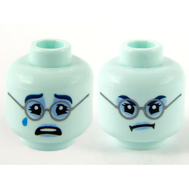 light aqua minifigure head dual sided female dark blue eyebrows bright light blue around eyes dark bluish gray glasses crying angry pattern