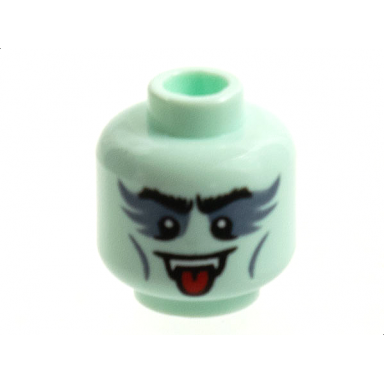 light aqua minifigure head black eyebrows dark bluish gray eye shadow and cheek lines fangs open mouth with tongue pattern