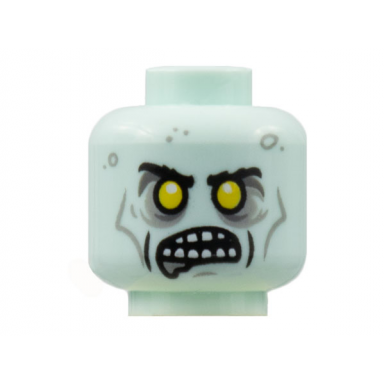 light aqua minifigure head alien zombie black eyebrows yellow eyes open mouth showing teeth dark bluish gray splotches pattern