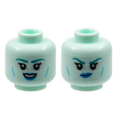 light aqua minifigure head dual sided alien female dark turquoise eyebrows silver freckles dark azure lips cheek lines smile scowl pattern