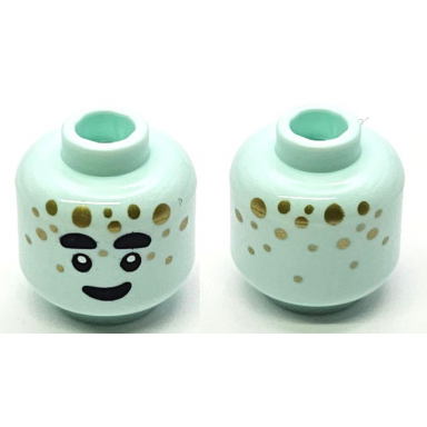 light aqua minifigure head alien black thick eyebrows eyes and smile gold dots pattern