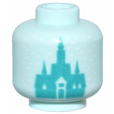 light aqua minifigure head without face with dark turquoise ice castle and white snowflakes dots pattern