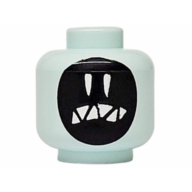 light aqua minifigure head alien with black face white long eyes and pointed teeth pattern