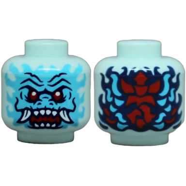 light aqua minifigure head alien dragon with medium azure face red eyes dark blue eyebrows and nostrils open mouth with fangs and sharp teeth scales and swirls on back pattern