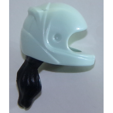 light aqua mini doll hair combo hat with hair racing helmet with molded flexible rubber black hair ponytail pattern