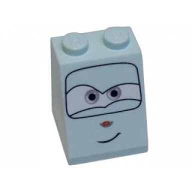 light aqua slope 65 2 x 2 x 2 with bottom tube with gray eyes and crooked smile pattern