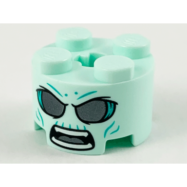 light aqua brick round 2 x 2 with axle hole with large dark silver eyes dark turquoise wrinkles angry open mouth with teeth parted and tongue pattern