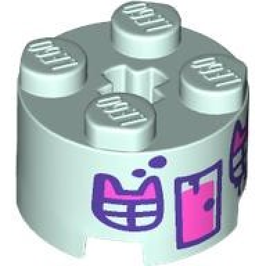 light aqua brick round 2 x 2 with axle hole with dark pink and dark purple door paint spots and windows with cat ears pattern