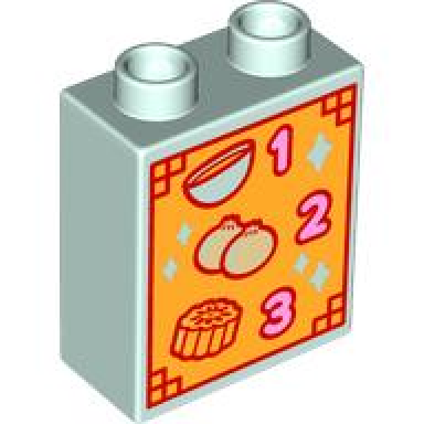 light aqua duplo brick 1 x 2 x 2 with menu with bowl tan onions moon cake and bright pink numbers 1 2 and 3 on bright light orange background pattern