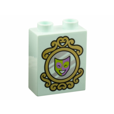 light aqua duplo brick 1 x 2 x 2 with magic mirror with gold frame with without lime and medium lavender face pattern on opposite sides