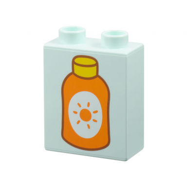light aqua duplo brick 1 x 2 x 2 with orange sunscreen bottle with yellow cap pattern