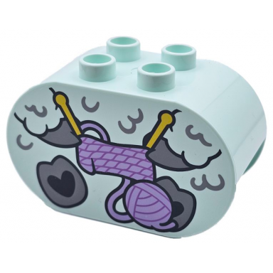 light aqua duplo brick 2 x 4 x 2 rounded ends with light bluish gray hooves and fur yellow knitting needles and lavender ball of yarn sheep lamb body pattern