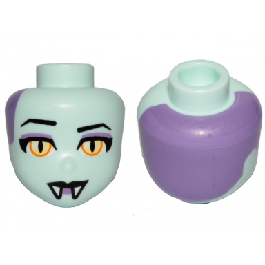 mini doll head friends with yellow eyes black eyebrows black lips fangs and dark purple back pattern celeste