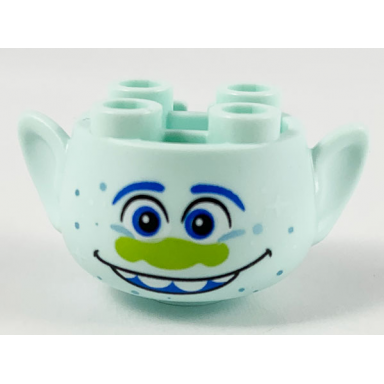 light aqua minifigure head modified trolls with blue eyebrows and eyes lime nose metallic light blue dots open mouth smile with top teeth pattern