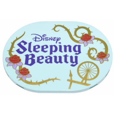 light aqua tile round 6 x 8 oval with dark purple disney sleeping beauty gold thorns and spinning wheel and red roses with lavender leaves pattern