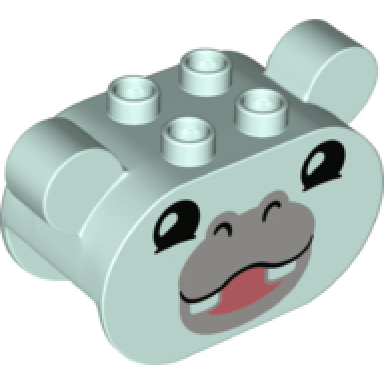 light aqua duplo brick 2 x 4 x 2 1 2 rounded ends ears on sides with black eyes and nostrils light bluish gray snout and coral mouth hippo head pattern