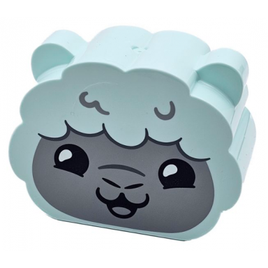 light aqua duplo brick 2 x 4 x 3 scalloped ears on sides with light bluish gray face black eyes open mouth smile and nostrils sheep lamb head pattern