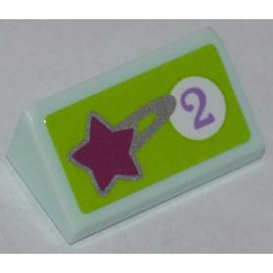 light aqua slope 30 1 x 2 x 2 3 with star and purple number 2 in white circle on lime background pattern sticker - set 41007
