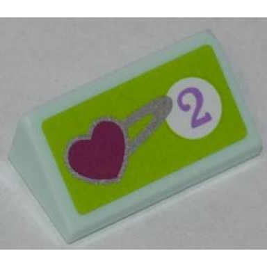 light aqua slope 30 1 x 2 x 2 3 with heart and purple number 2 in white circle on lime background pattern sticker - set 41007