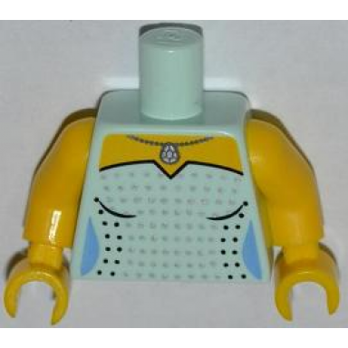 light aqua torso female dress with black and silver spots and necklace pattern yellow arms yellow hands