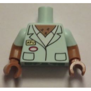 light aqua torso simpsons smock with apu name tag white shirt and chest hair pattern medium nougat arms with molded light aqua short sleeves pattern medium nougat hands