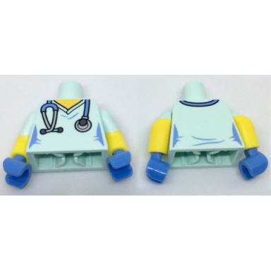 light aqua torso female hospital scrubs with medium blue stethoscope pattern yellow arms with molded light aqua short sleeves pattern medium blue hands