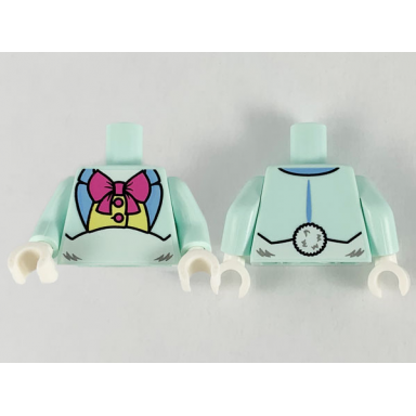 light aqua torso short jacket open with medium blue lapels over bright light yellow shirt with buttons dark pink bow tie white stomach with fur pattern light aqua arms white hands