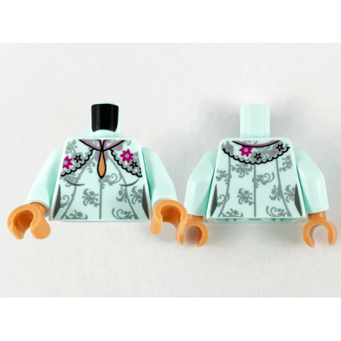 light aqua torso female dress teardrop neckline silver flower filigree magenta flowers and black stars pattern light aqua arms nougat hands