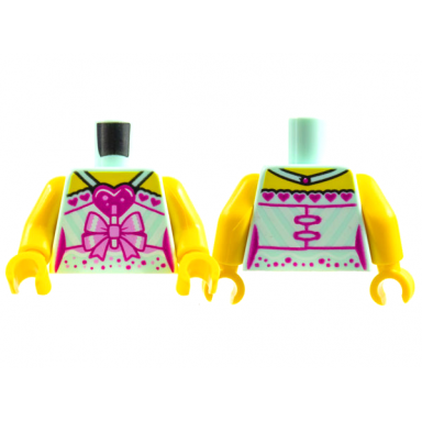 light aqua torso female dress yellow shoulders magenta hearts bright pink bow speckles pattern yellow arms yellow hands
